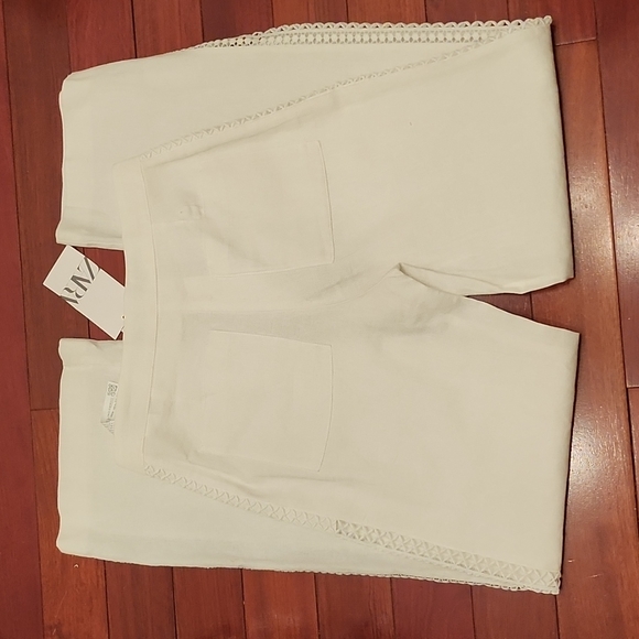 Nwt! Zara Lace Insert Linen Blend Pants - Picture 6 of 7